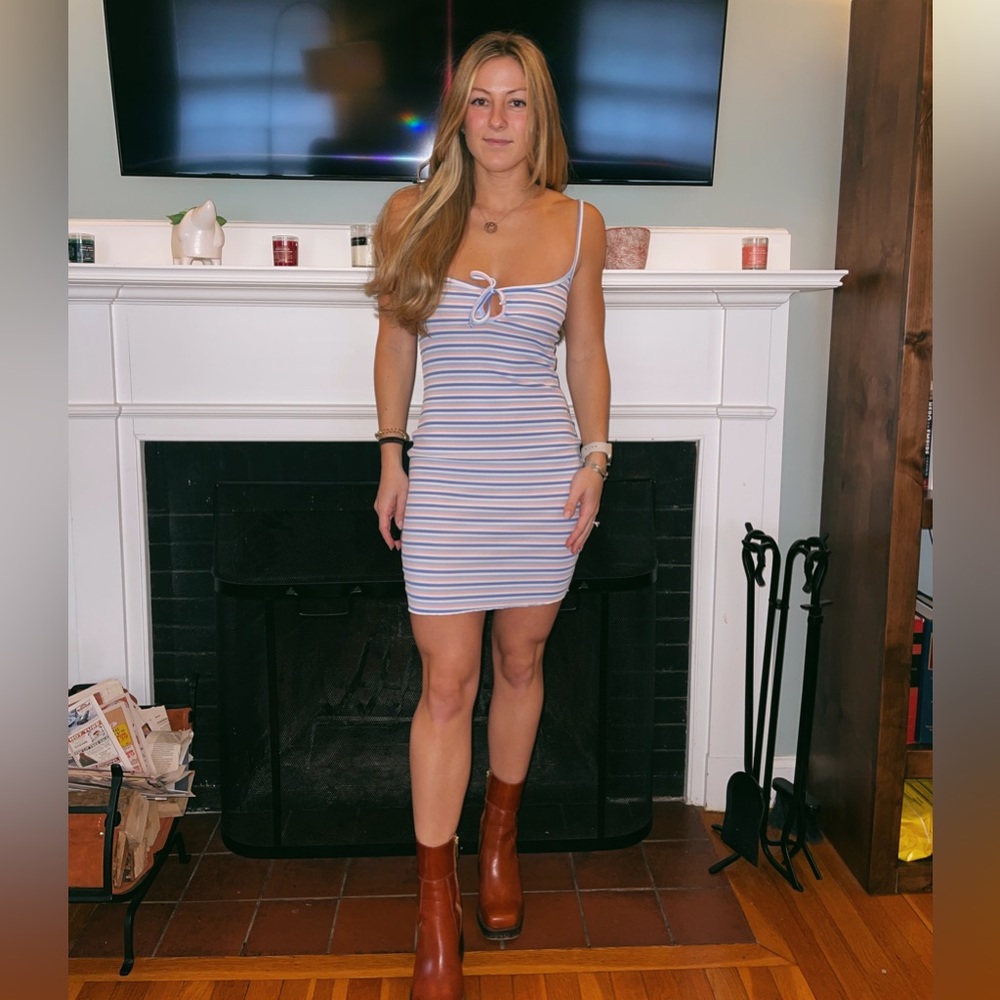 Pretty Little Thing White, Pink, and Blur Striped Dress